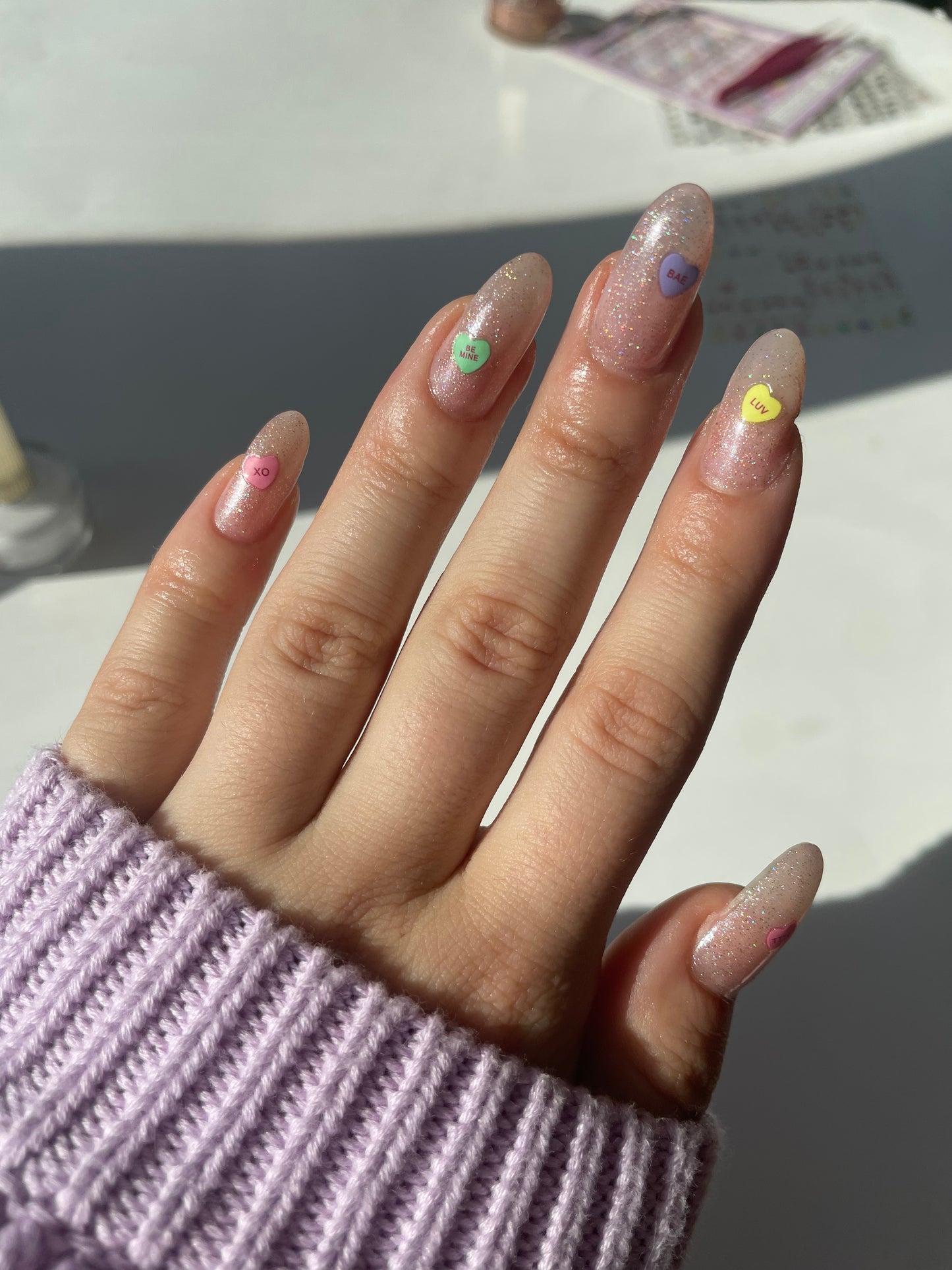 Conversation heart nail art
