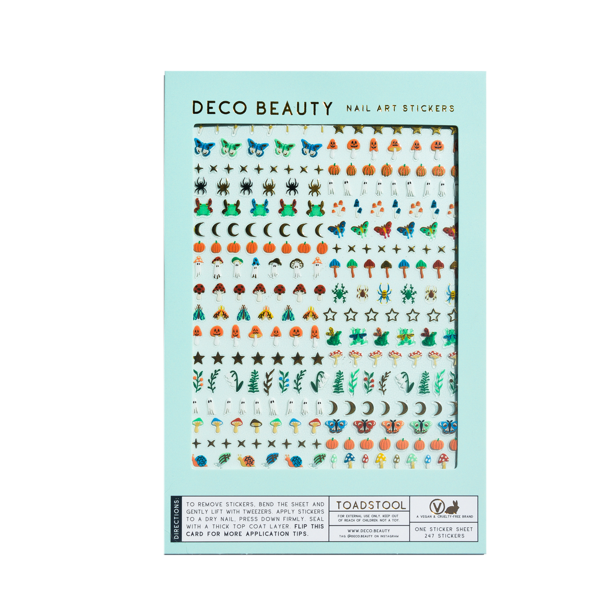 Toadstool nail art sticker sheet flat lay on a white background