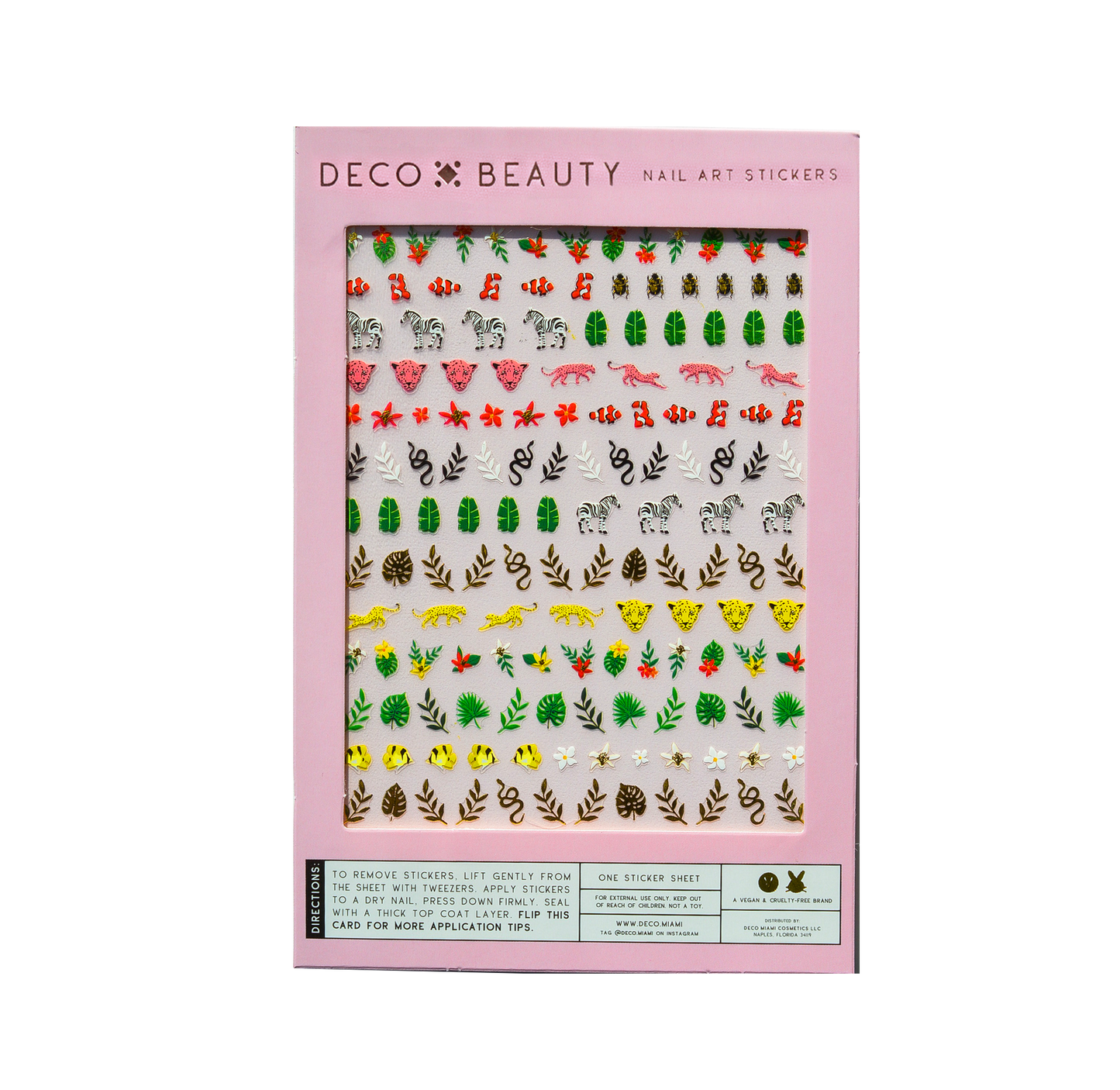 Deco Beauty nail art stickers with various designs on a pink background