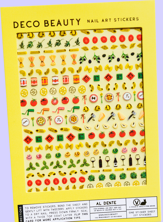 Al Dente nail art sticker sheet flat lay