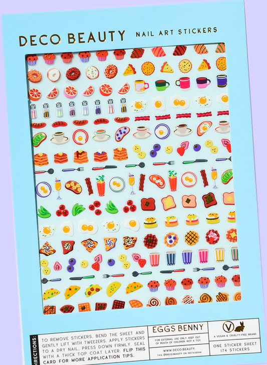 Eggs Benny sheet flat lay slanted on purple background