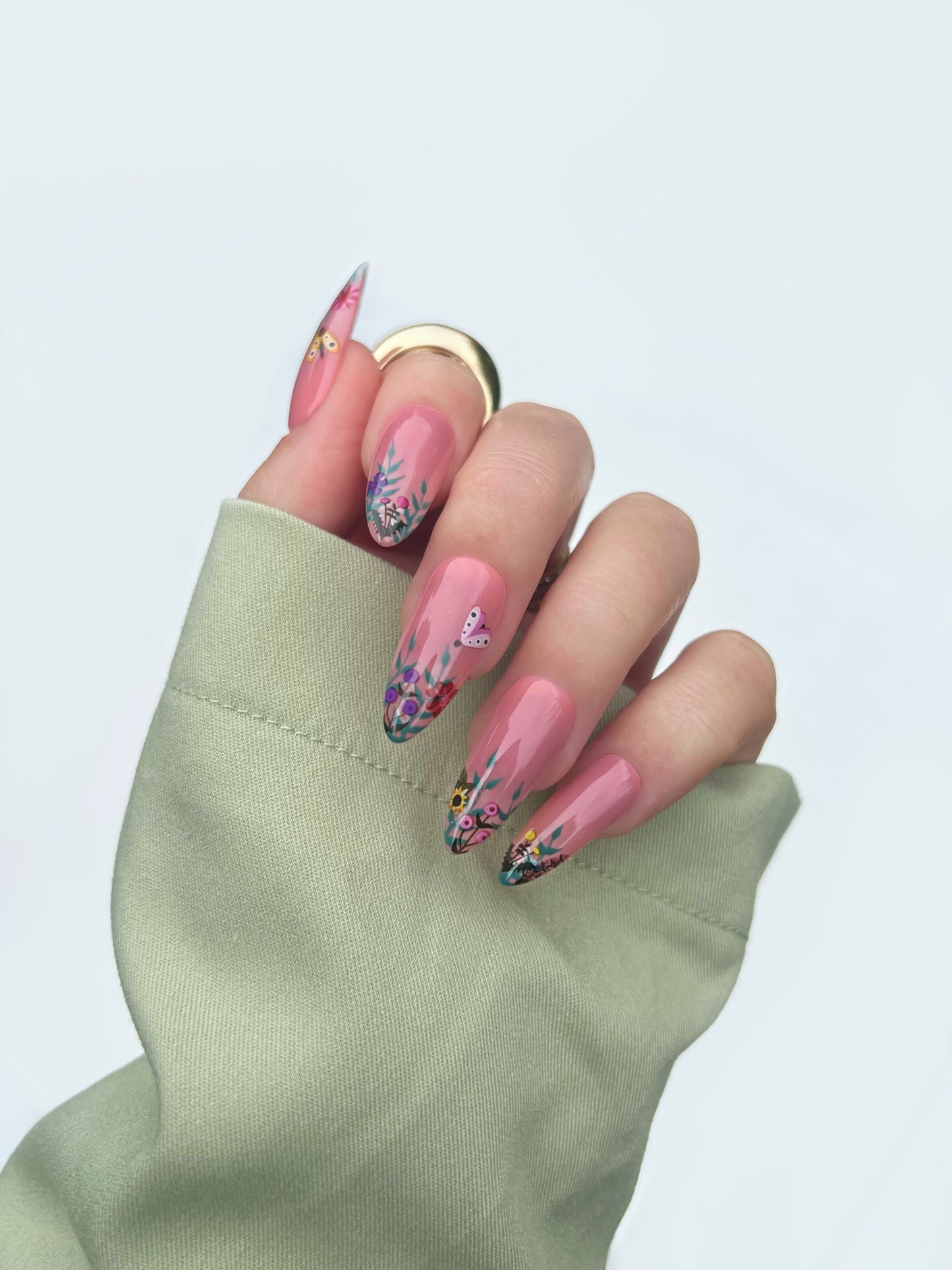 Wildflower nail art stickers on nude nails