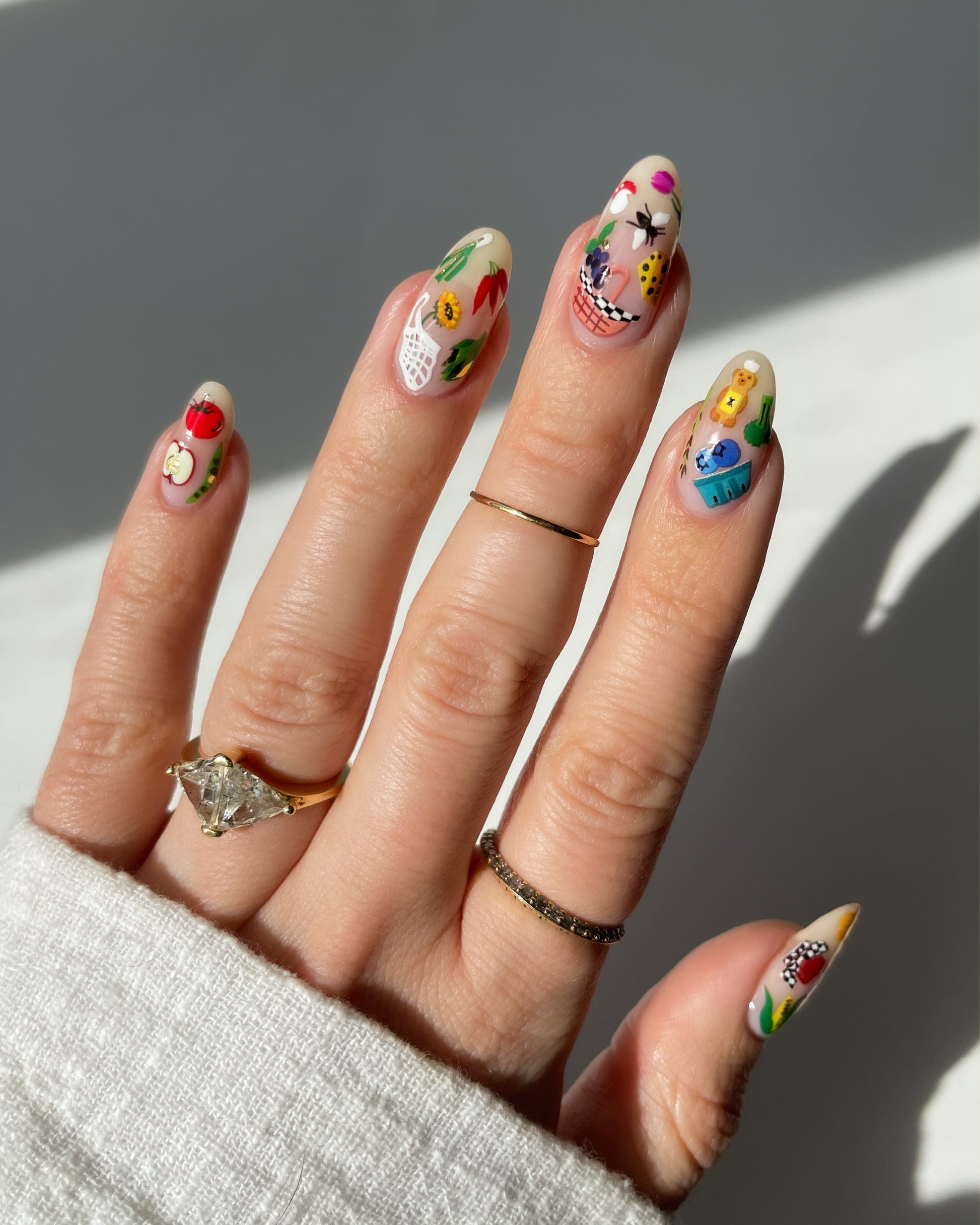 Farmer's Market stickers on nude nails