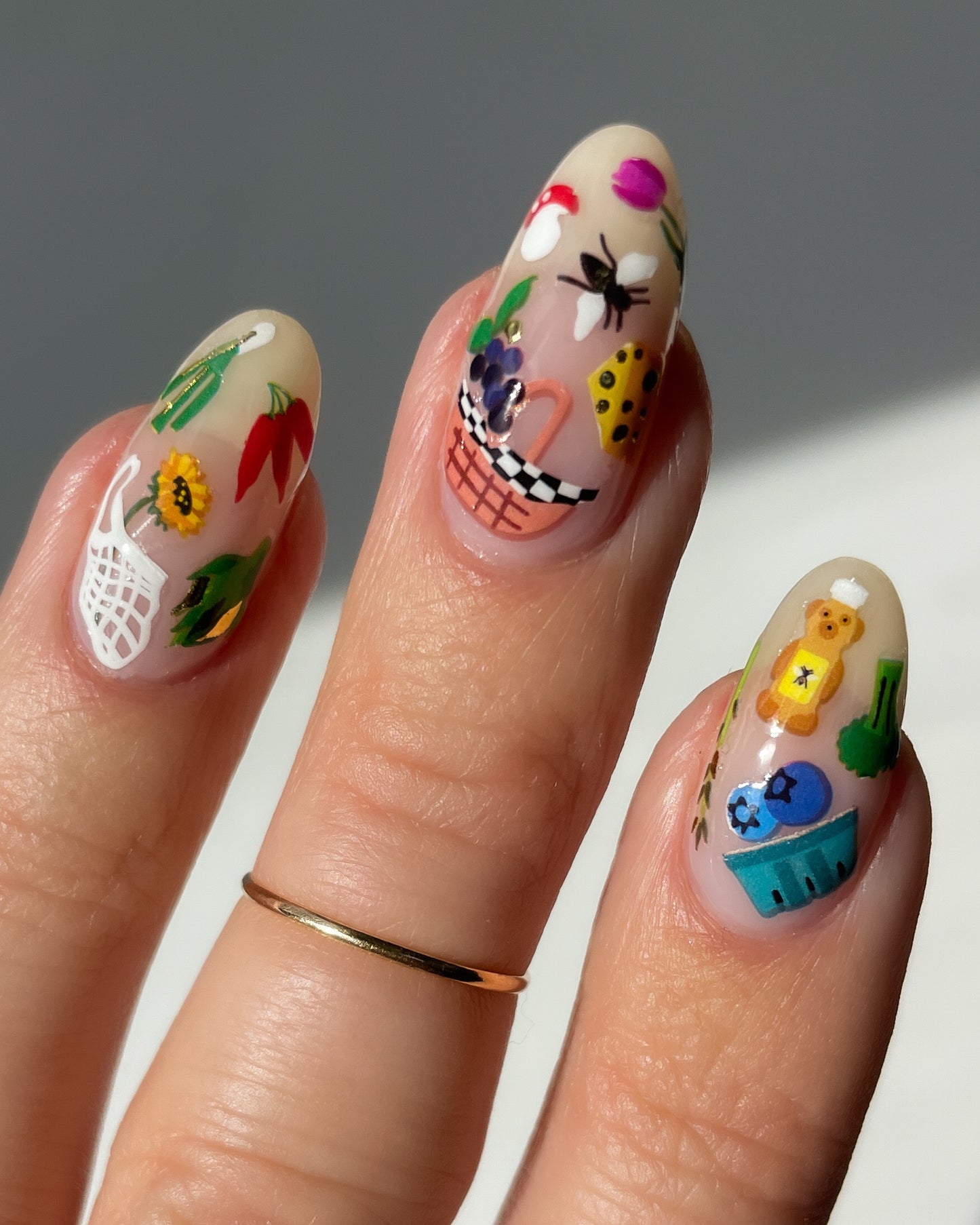 Farmer's Market stickers on nude nails