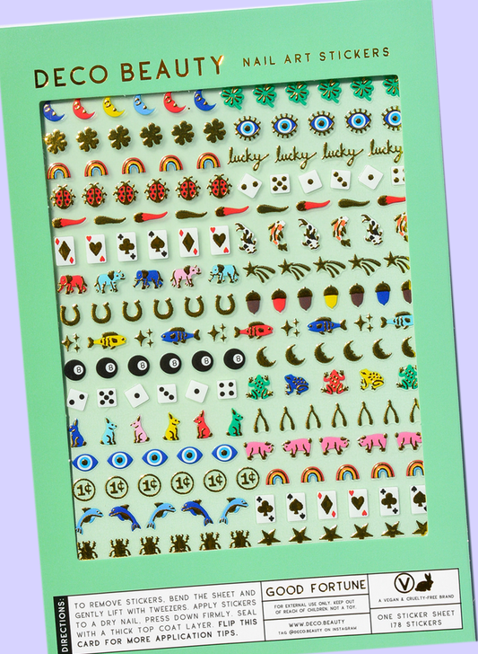 Good Fortune sheet flat lay slanted on purple background