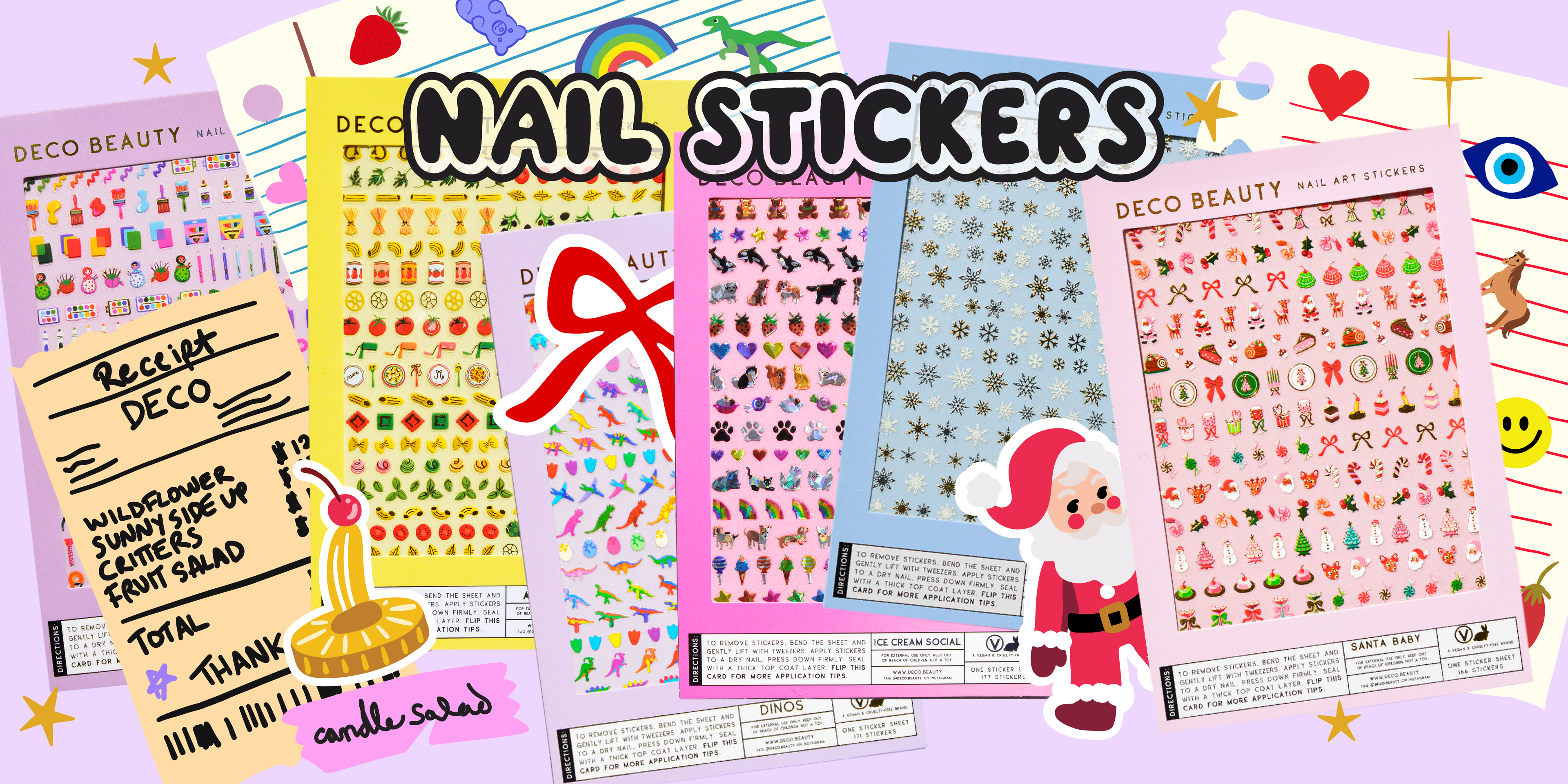 Banner of busy holiday nail art sheet spread with Christmas themed graphics that look like large stickers, drawn receipts, papers, meant to look like a shuffled up desktop. "NAIL ART STICKERS" in black bubble letters at the top of image.
