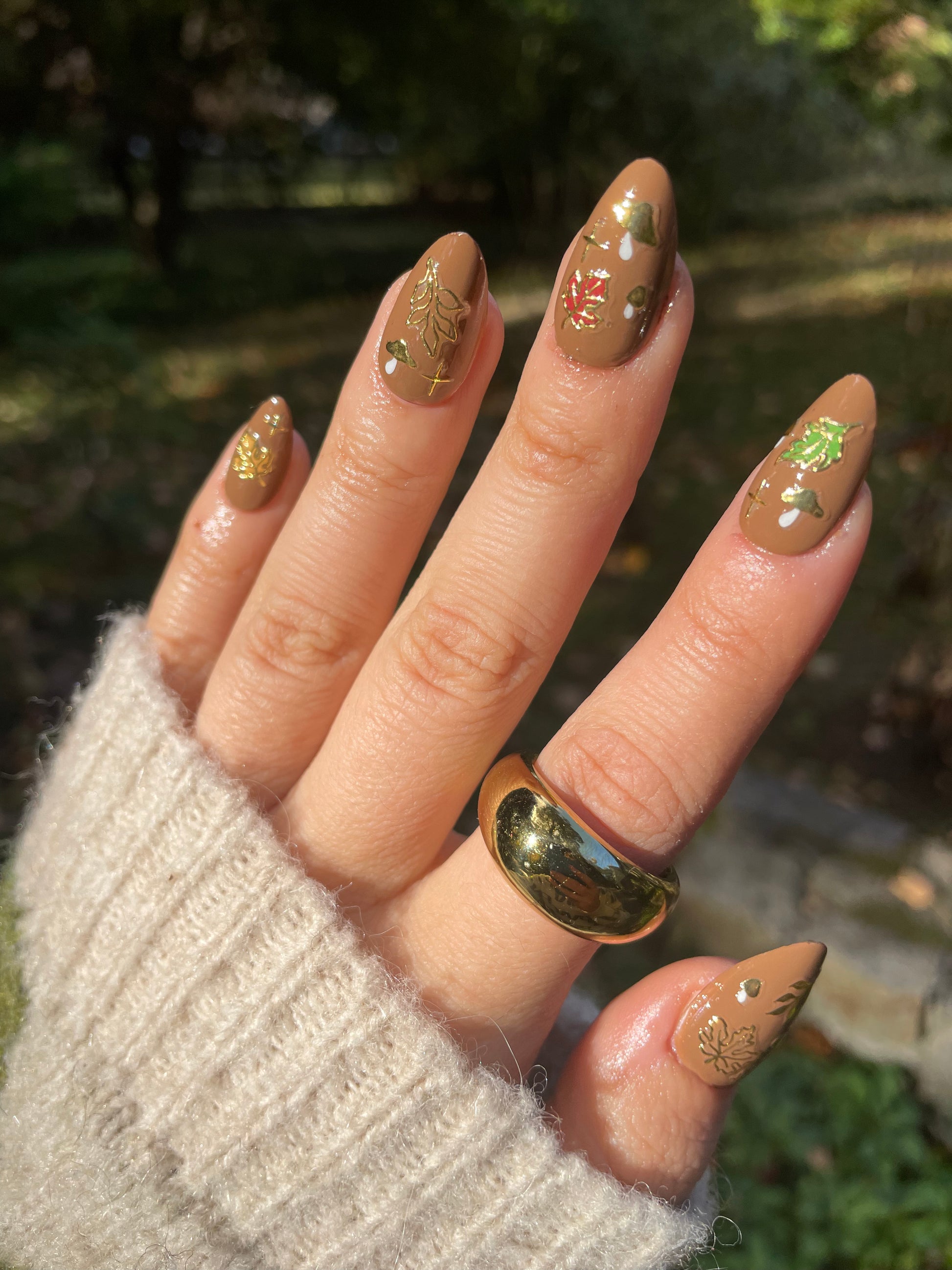 cozy nail stickers on brown base