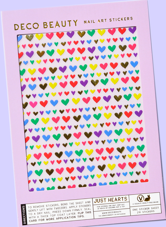 Just Hearts sheet flat lay slanted on purple background