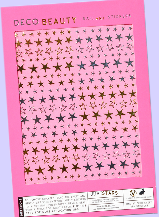 Just Stars sheet flat lay slanted on purple background