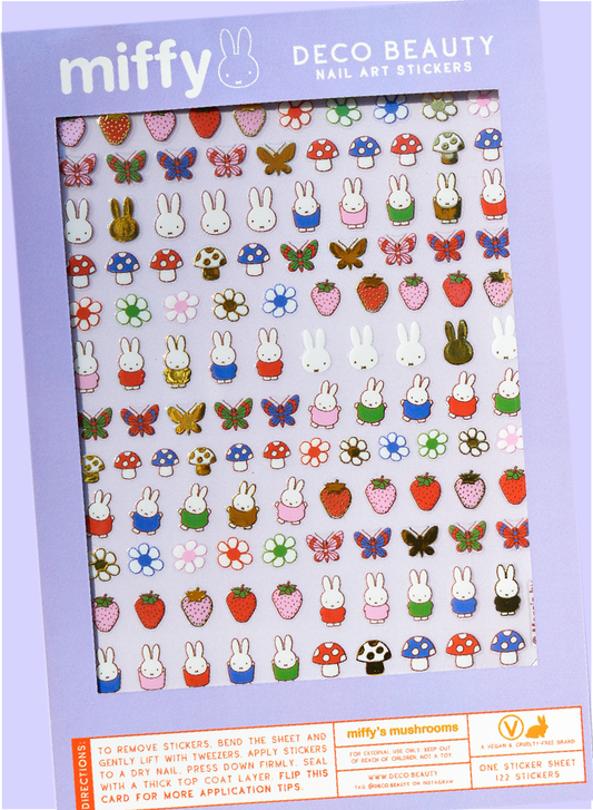 Deco Beauty 'Miffy's Mushrooms' sticker sheet flat lay on purple background