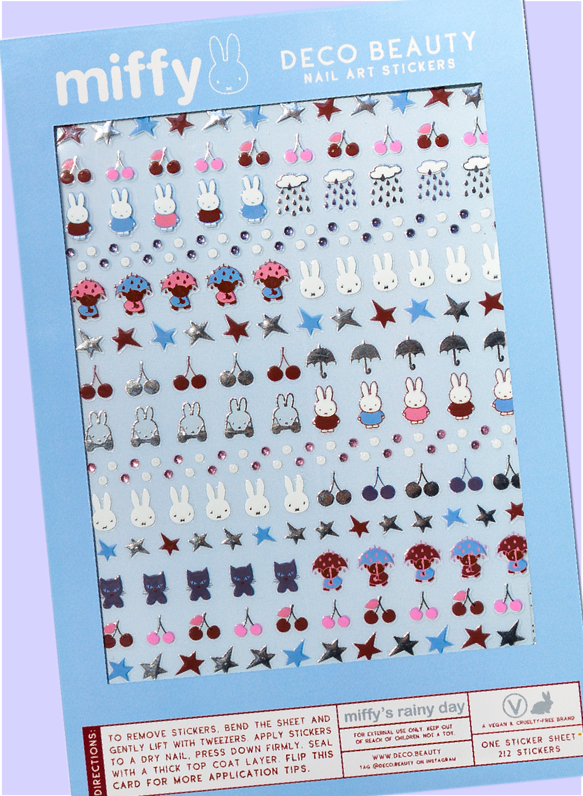 Deco Beauty 'Miffy's Rainy Day' sticker sheet flat lay on purple background