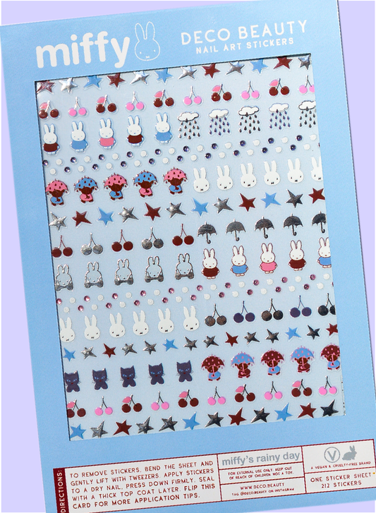 Deco Beauty 'Miffy's Rainy Day' sticker sheet flat lay on purple background