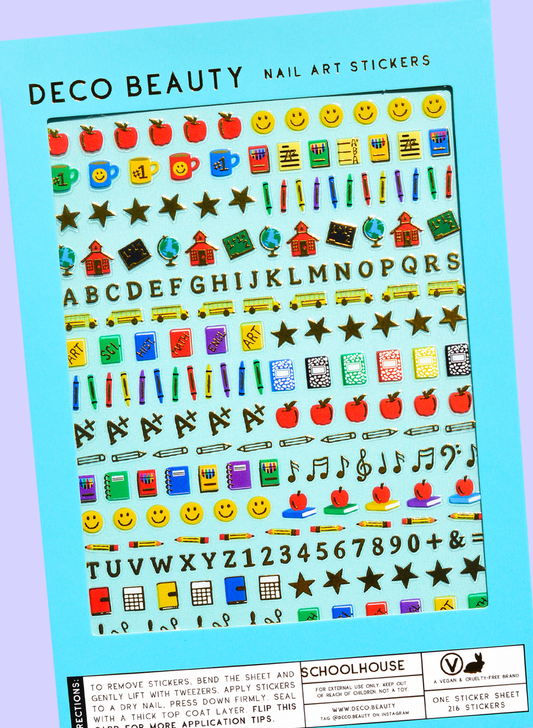 Schoolhouse nail art stickers flat lay
