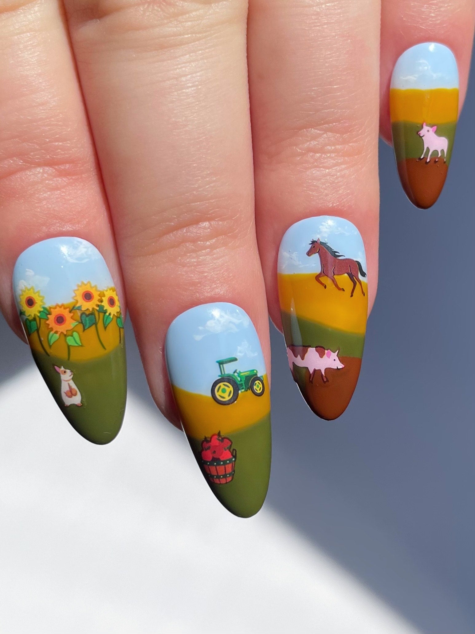 Sunflower Farm stickers on nails with farm scenery