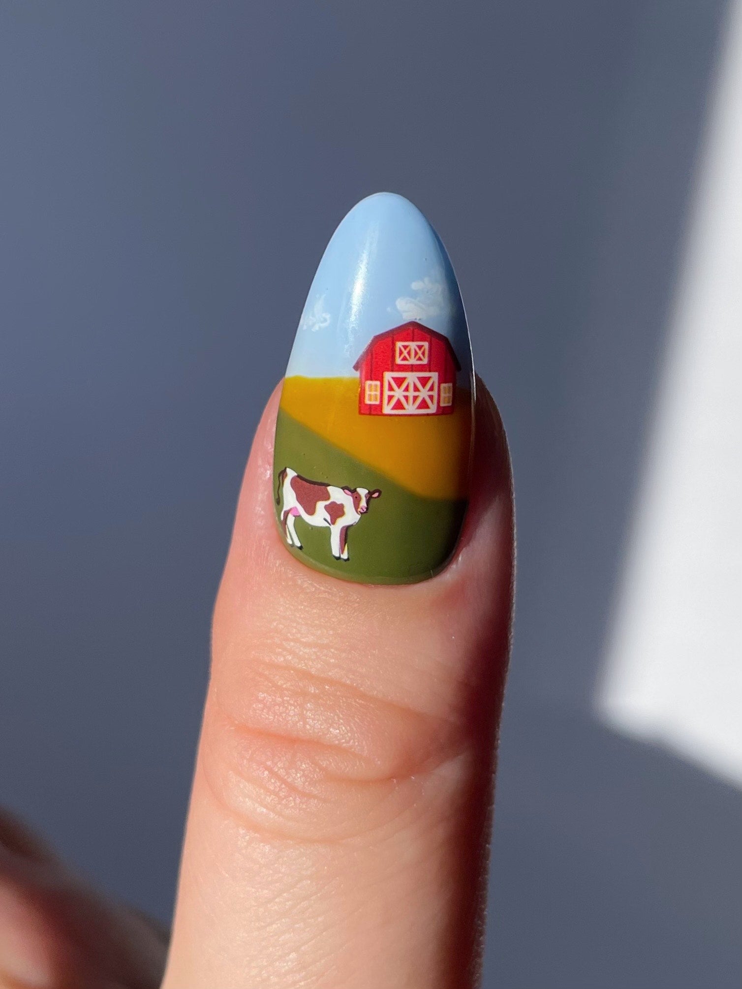Sunflower Farm stickers on nails with farm scenery