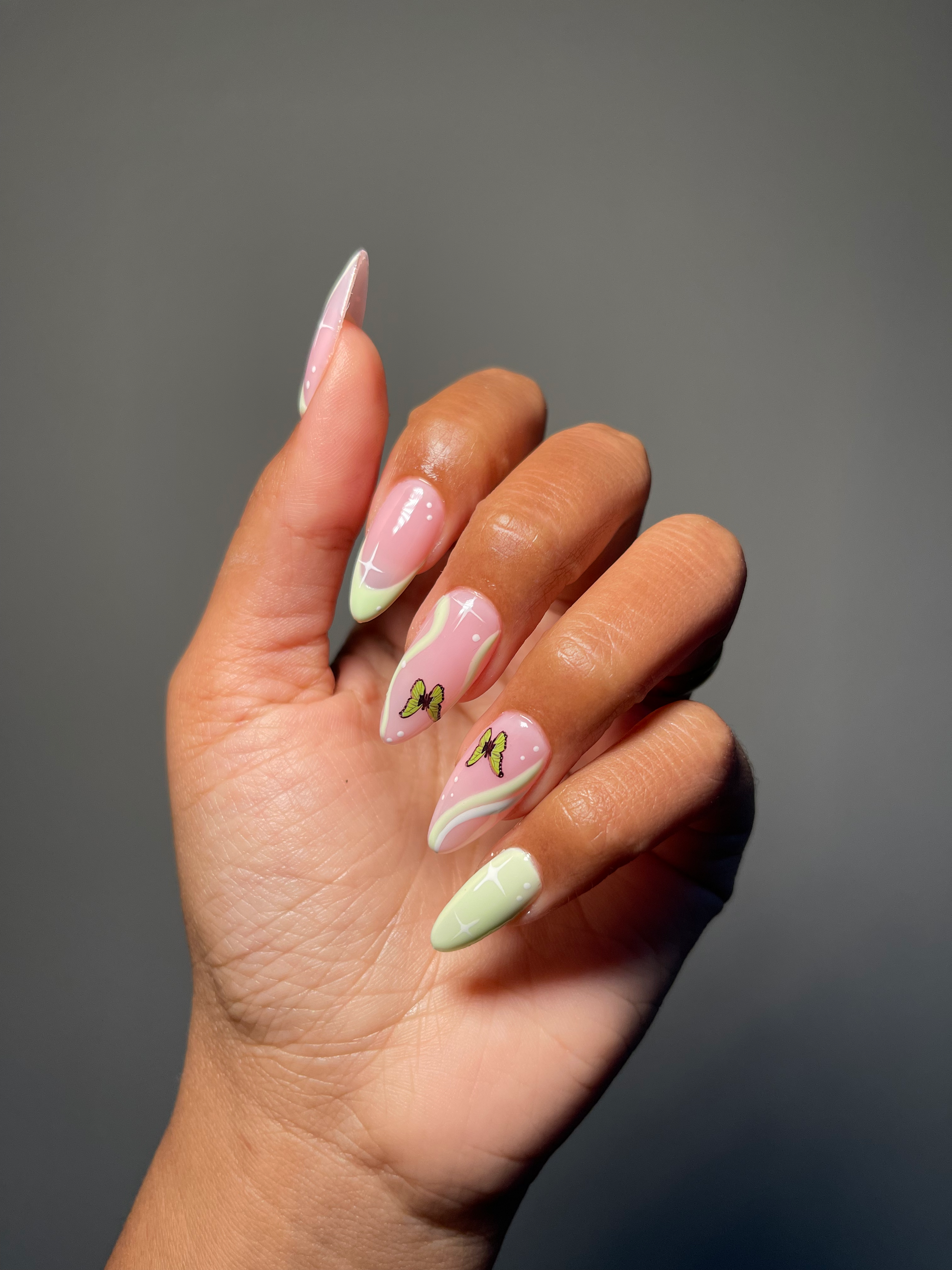 Light green french and swirls with butterflies