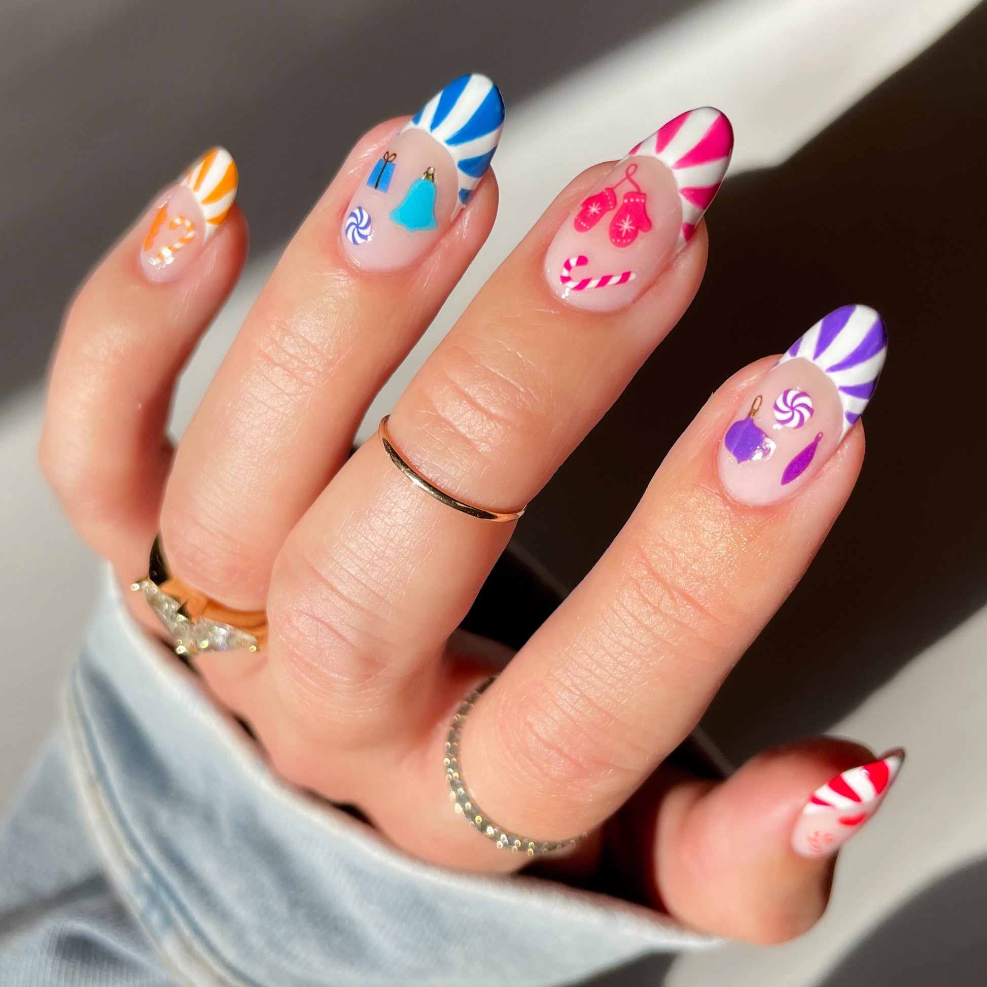 Candy cane french tips with mitten stickers
