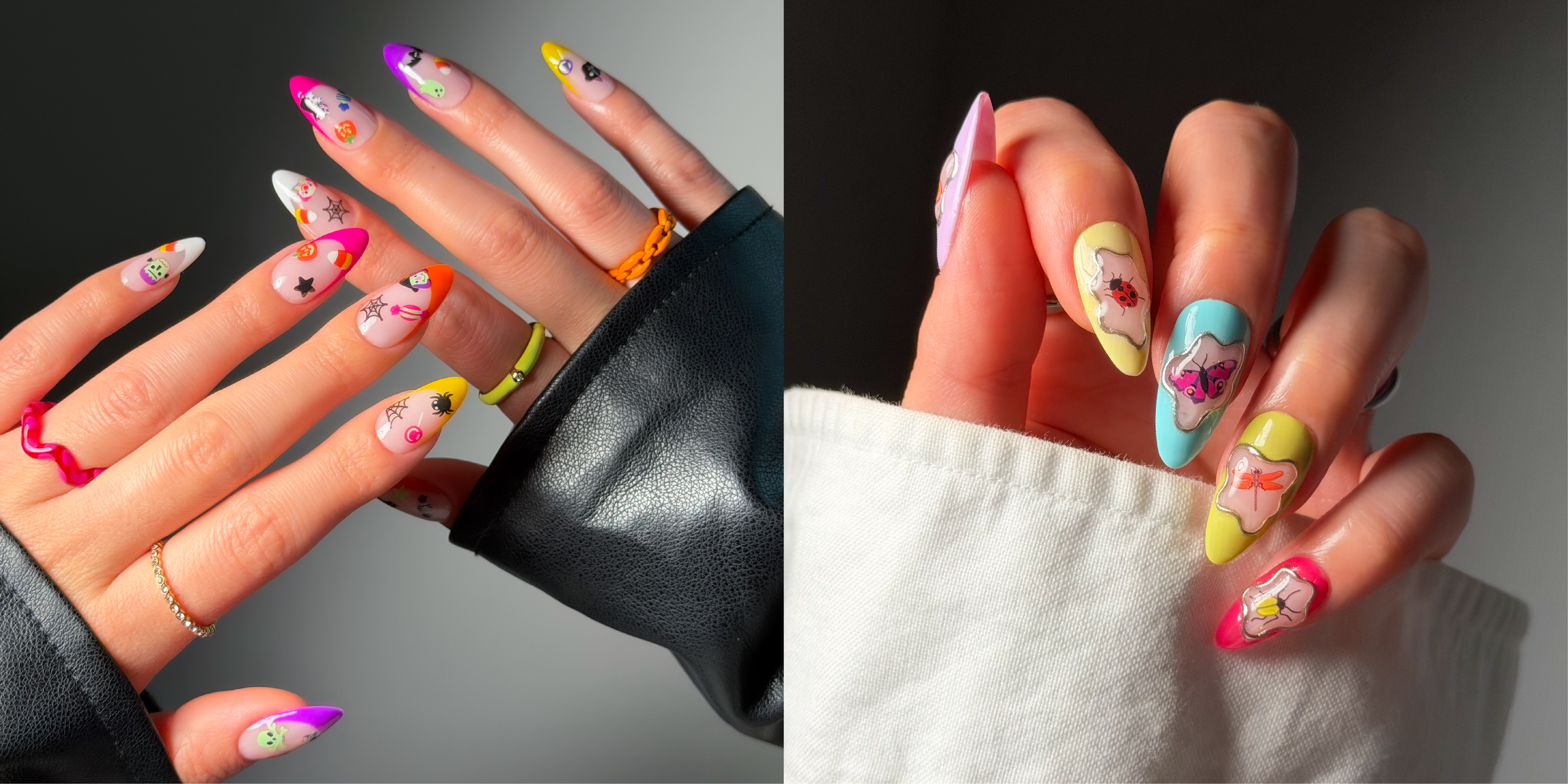 A split-screen close-up of two hands showcasing long, almond-shaped nails decorated with colorful cartoon-style illustrations and pastel designs.