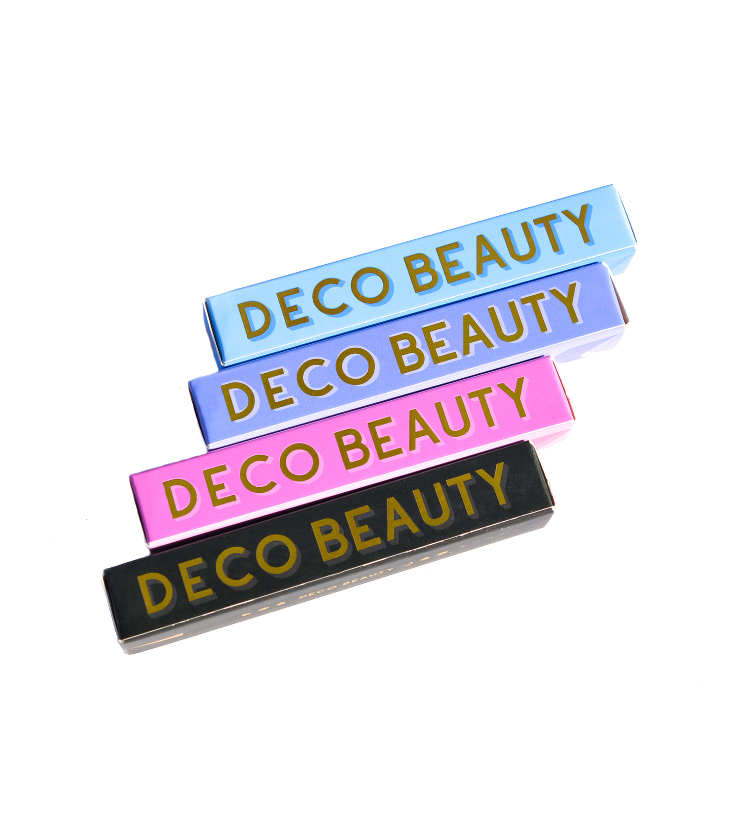 blue, purple, pink, and black mini tweezer boxes that says DECO BEAUTY