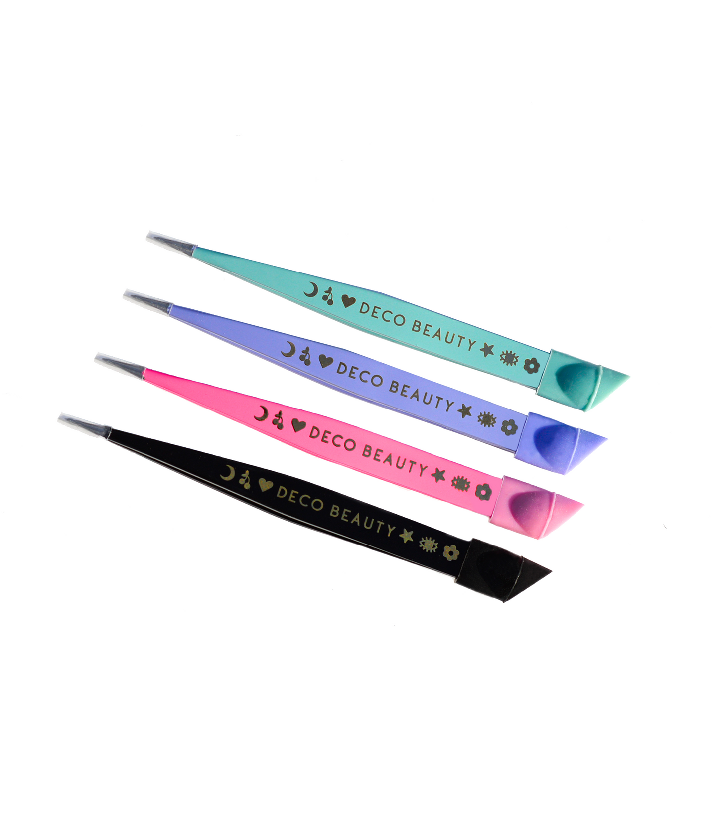 blue, purple, pink, and black mini tweezers that says DECO BEAUTY