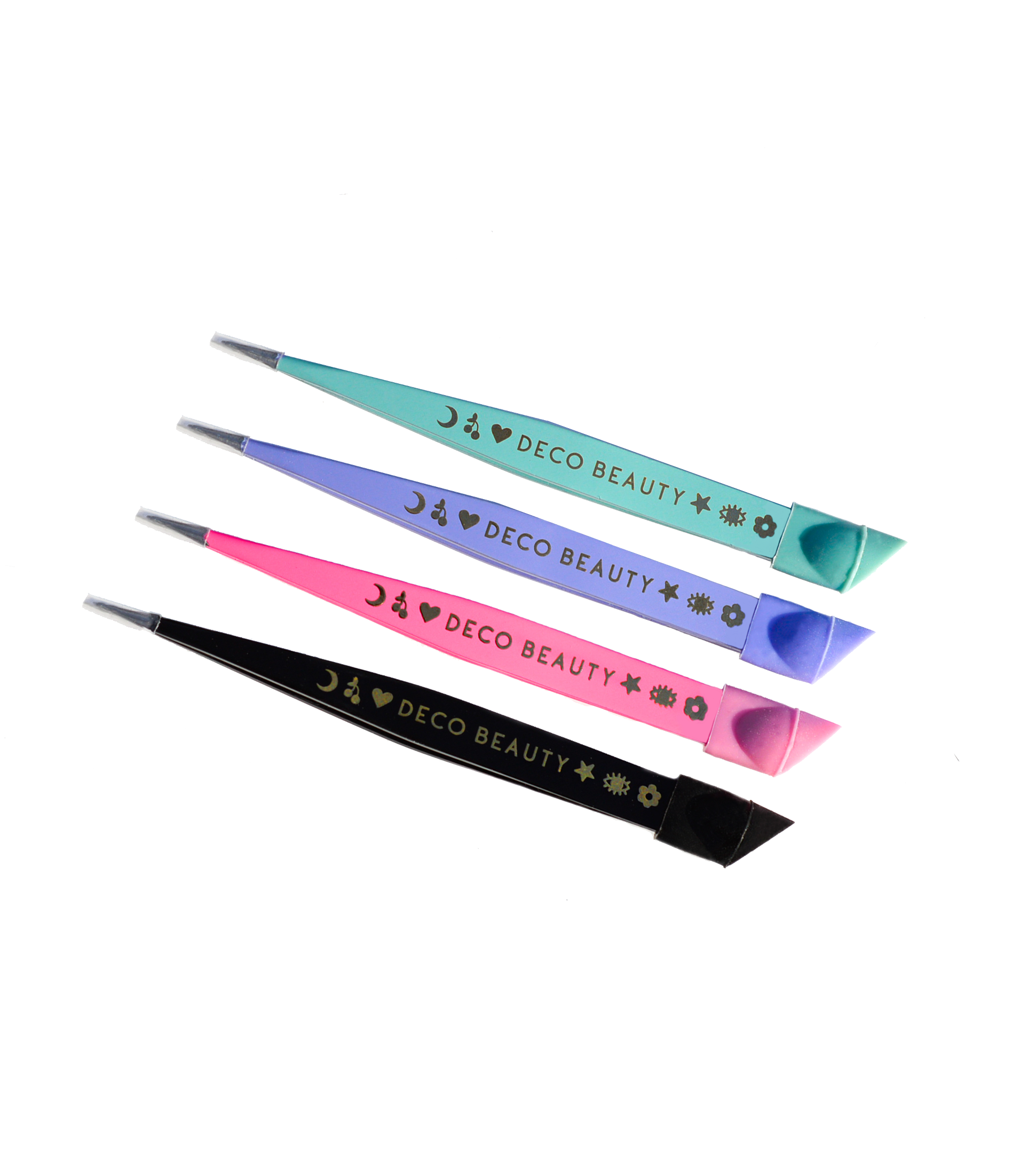 blue, purple, pink, and black mini tweezers that says DECO BEAUTY